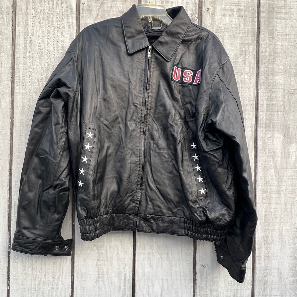 Bomber jacket Men’s black Leather embroidered zip-out faux fur inner lining XL